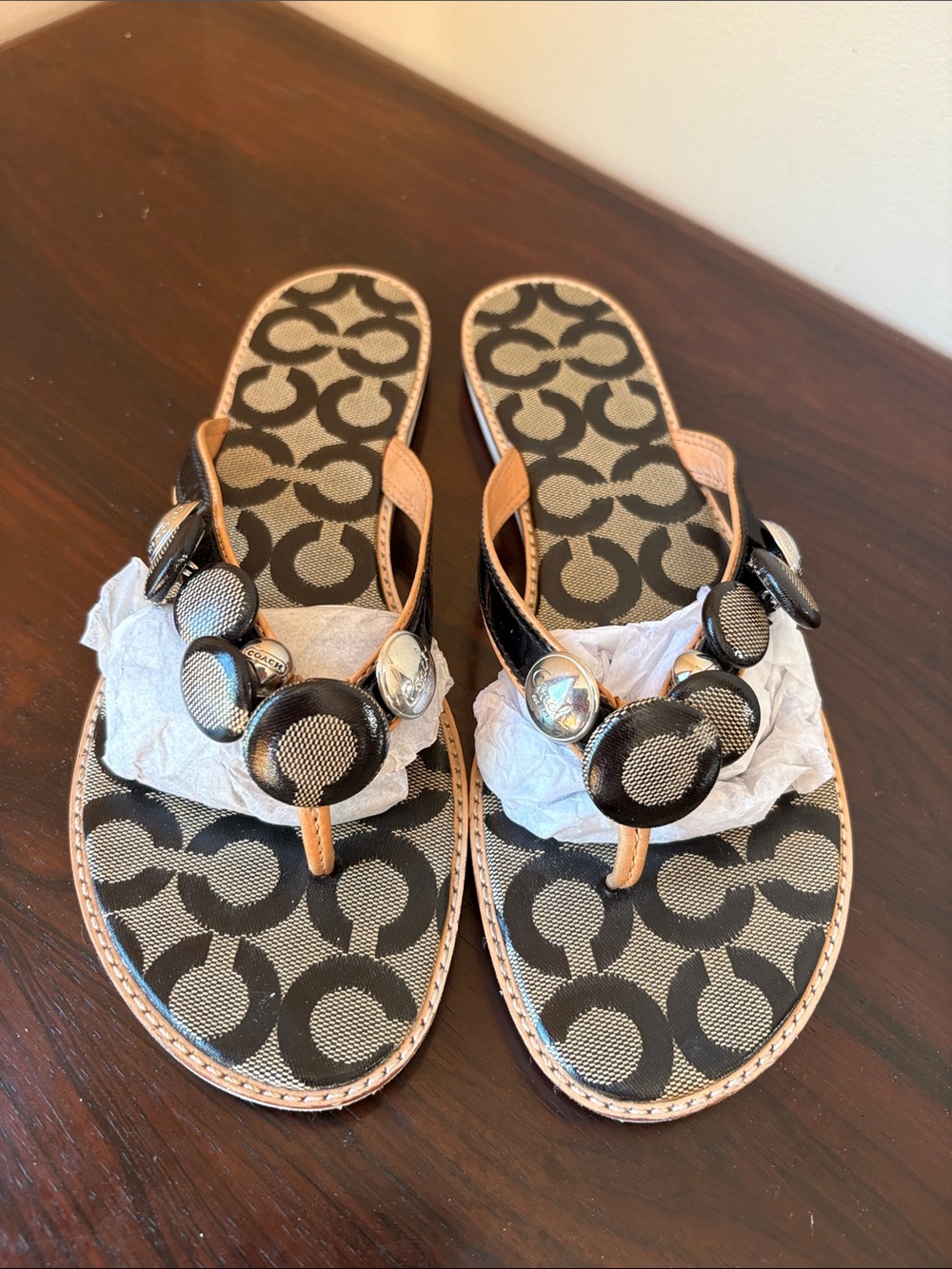 Coach Black and Tan Signature Logo Thong Sandals